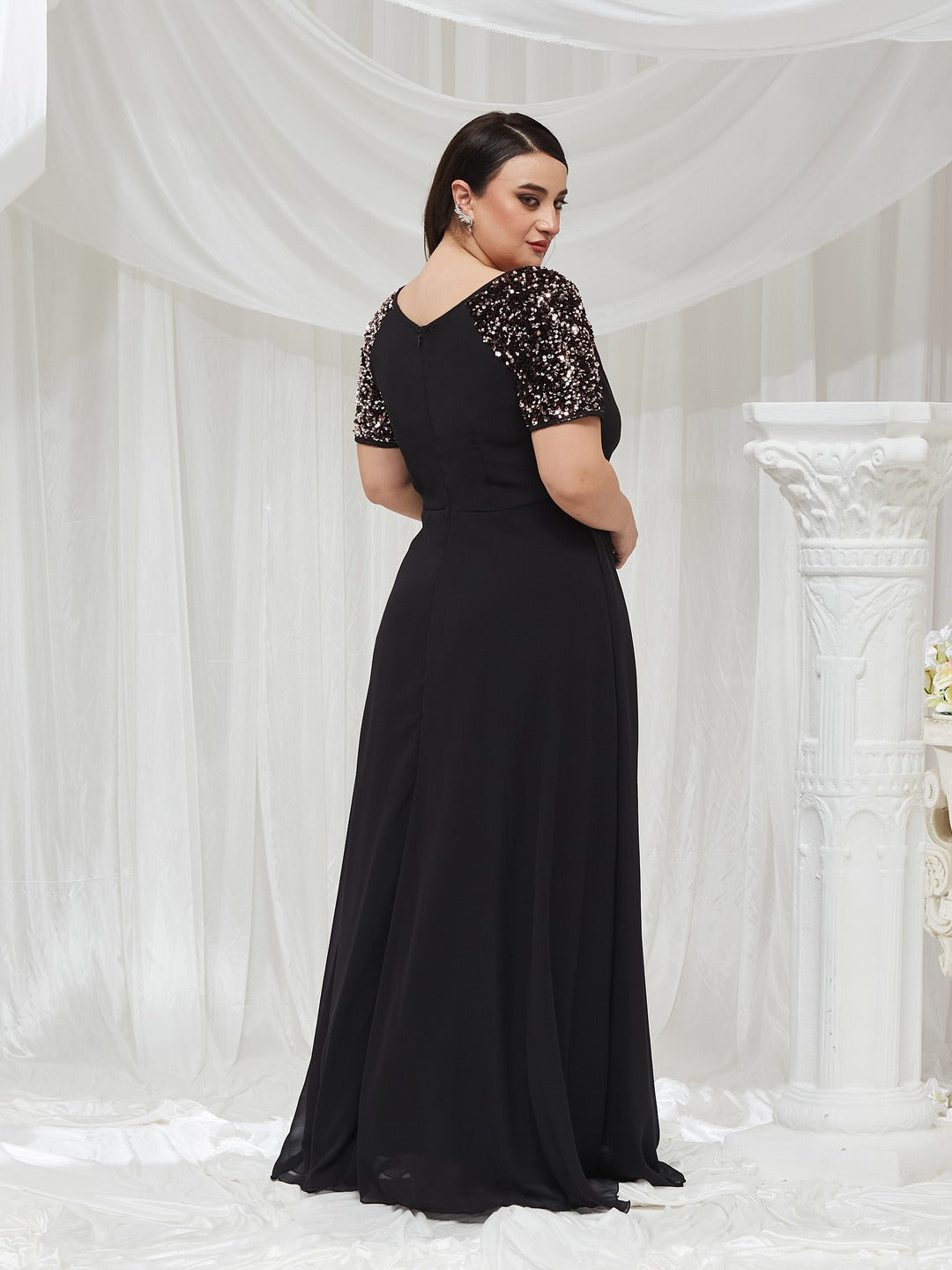 Black V-Neck Raglan Embellished Wrap & Tie-up Maxi Dress for Women — Miss Chase A+