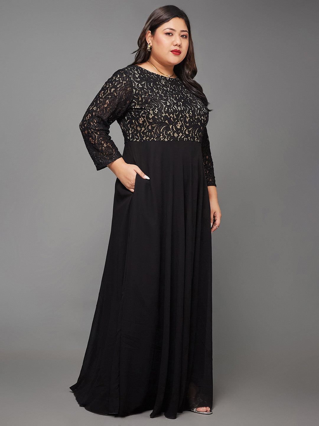 Black Boat Neck Lace Fit and Flare Maxi Dress for Women
