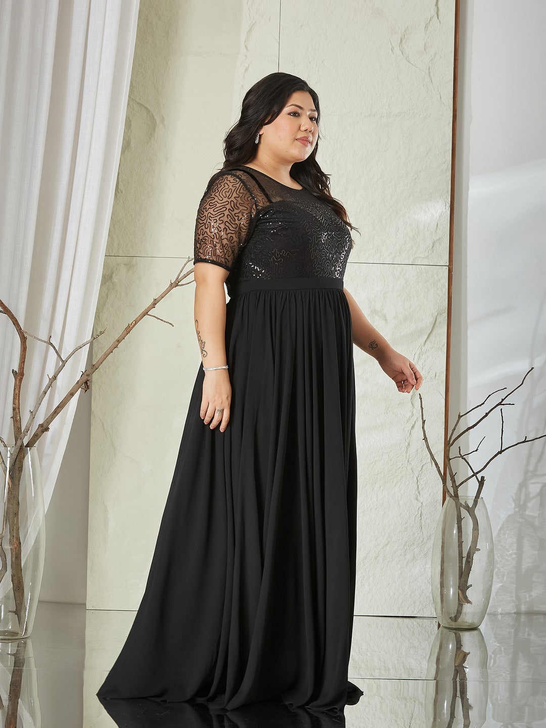 Black Relaxed Fit Maxi Georgette & Sequins Dress for Women