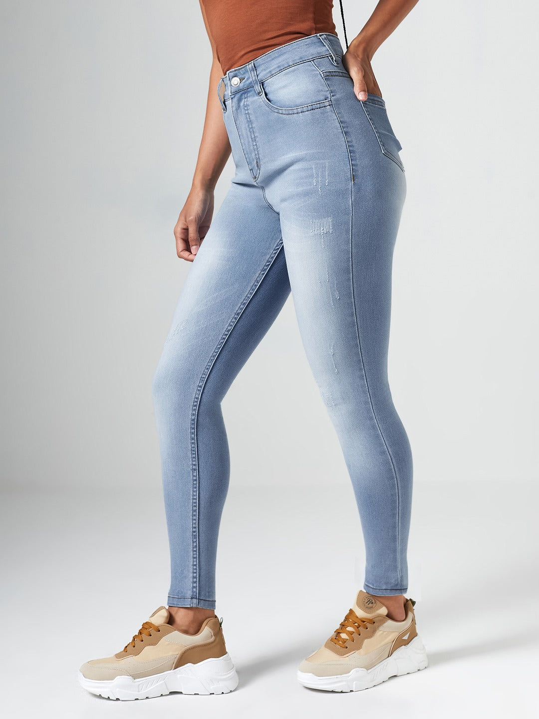 Light Blue High-Rise Mildly-Distressed Regular-Length Stretchable Denim Skinny Jeans for Women