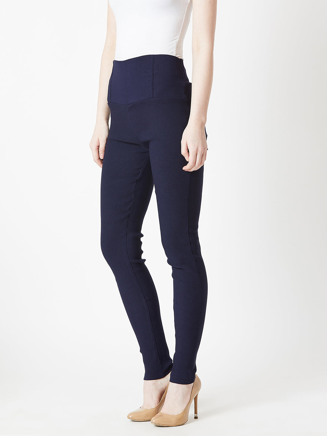 Women's Navy Blue Solid Skinny Regular Length High Waist Jeggings