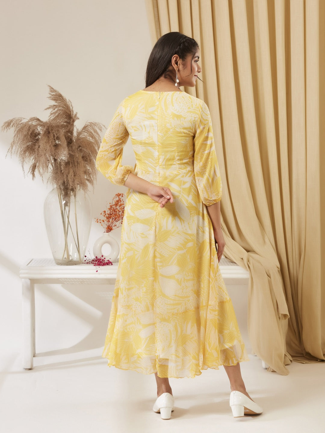 Yellow & White V neck Full sleeve Floral Layered Maxi Dress for Girls/Teenagers