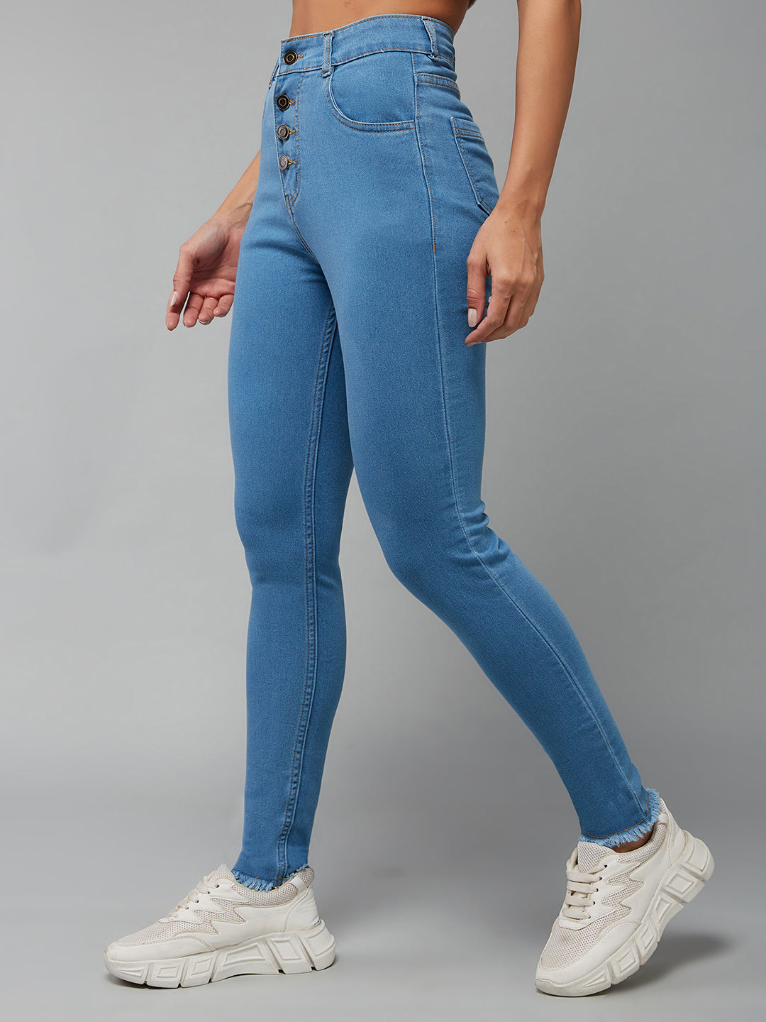 24/7 Comfort Blue Skinny Solid High-Rise Cropped Fringed Hemline Detailing Stretchable Denim Jeans