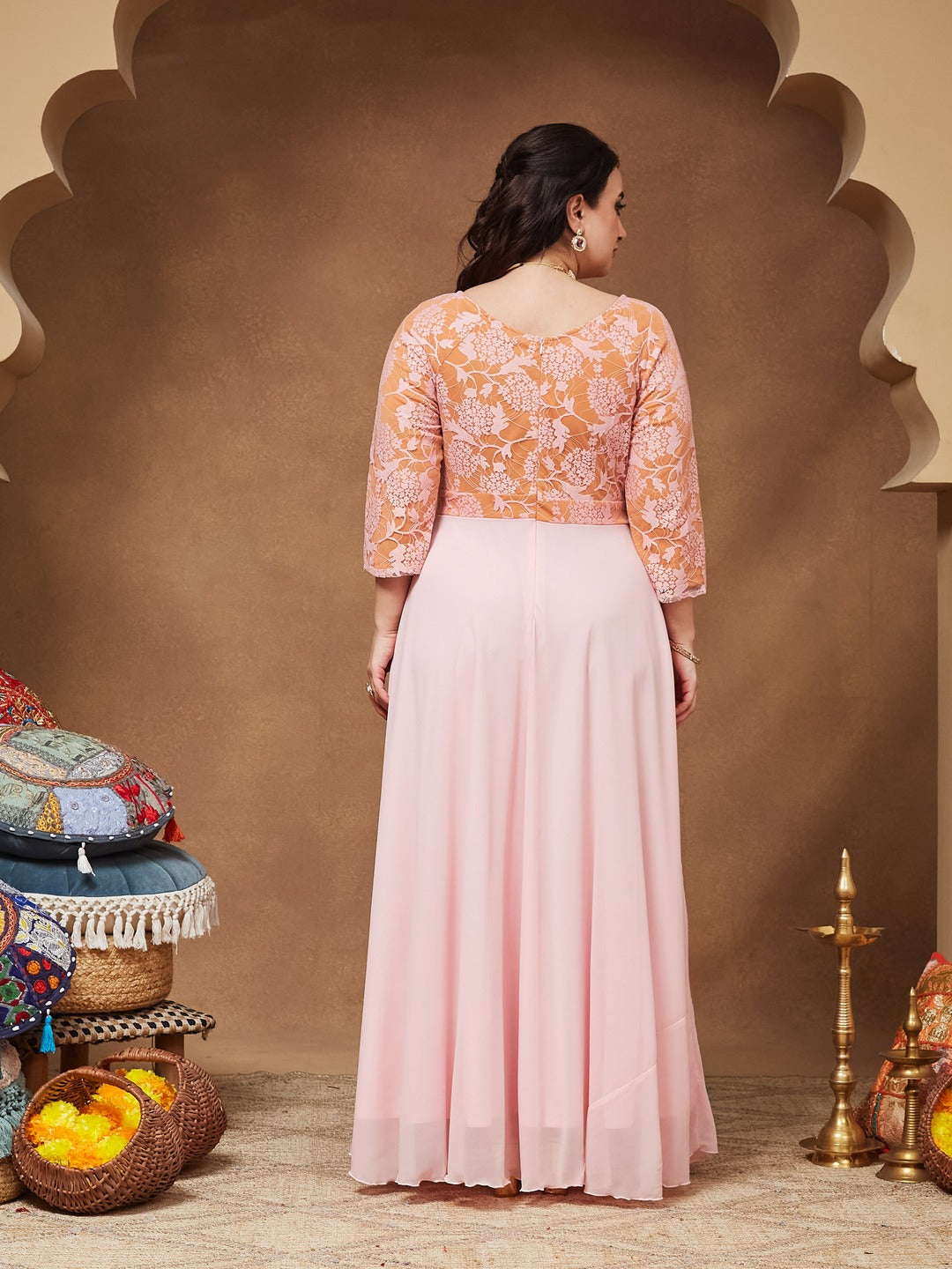 Dusty Pink V-Neck Raglan-Sleeve Self-Designed Empire-Styled Georgette Maxi Dress for Women