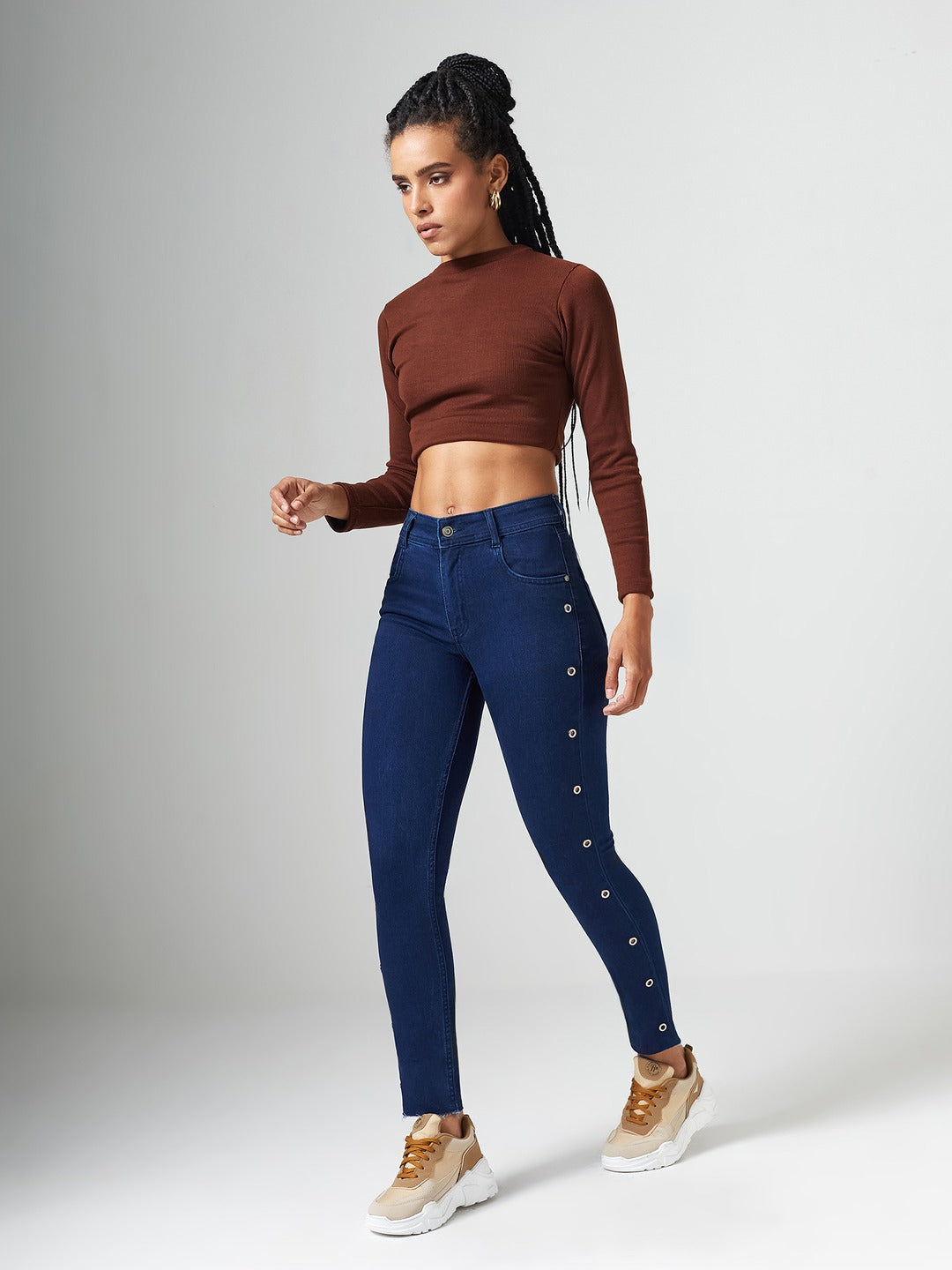 Navy Blue Skinny Fit Mid Rise Cropped Length Eyelet Detailing Denim Stretchable Jeans for Women
