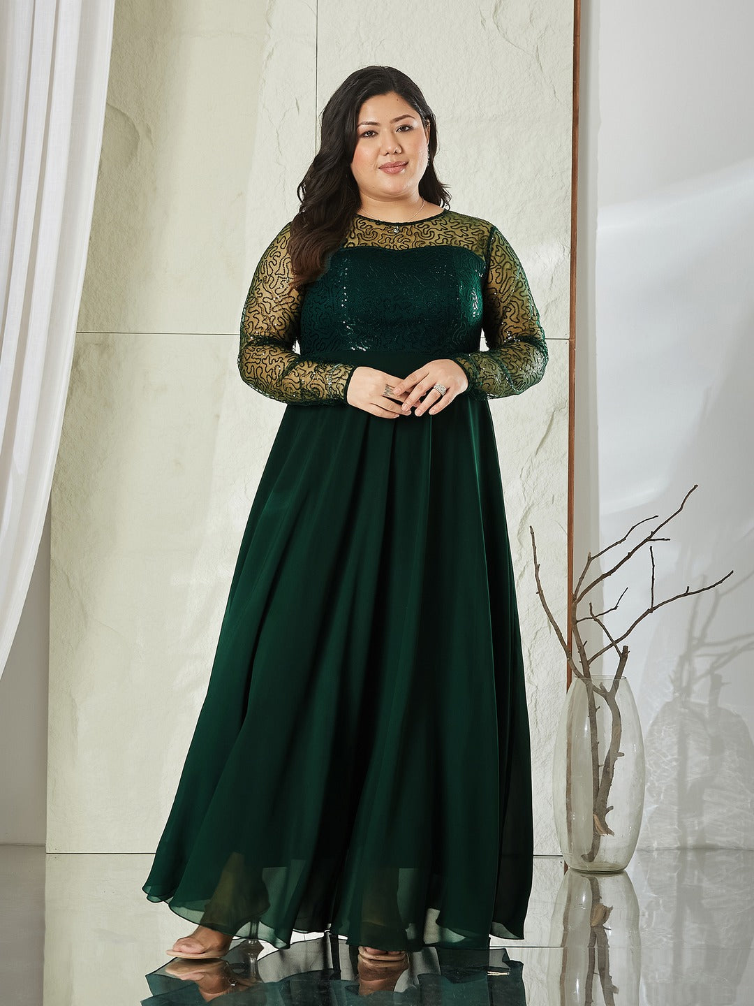 Dark Green Solid Embellished Maxi Dress for Women