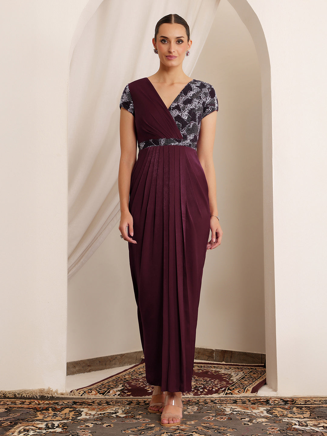 Women's Wine V-Neck Short Sleeve Embellished Pleated Satin Maxi Dress