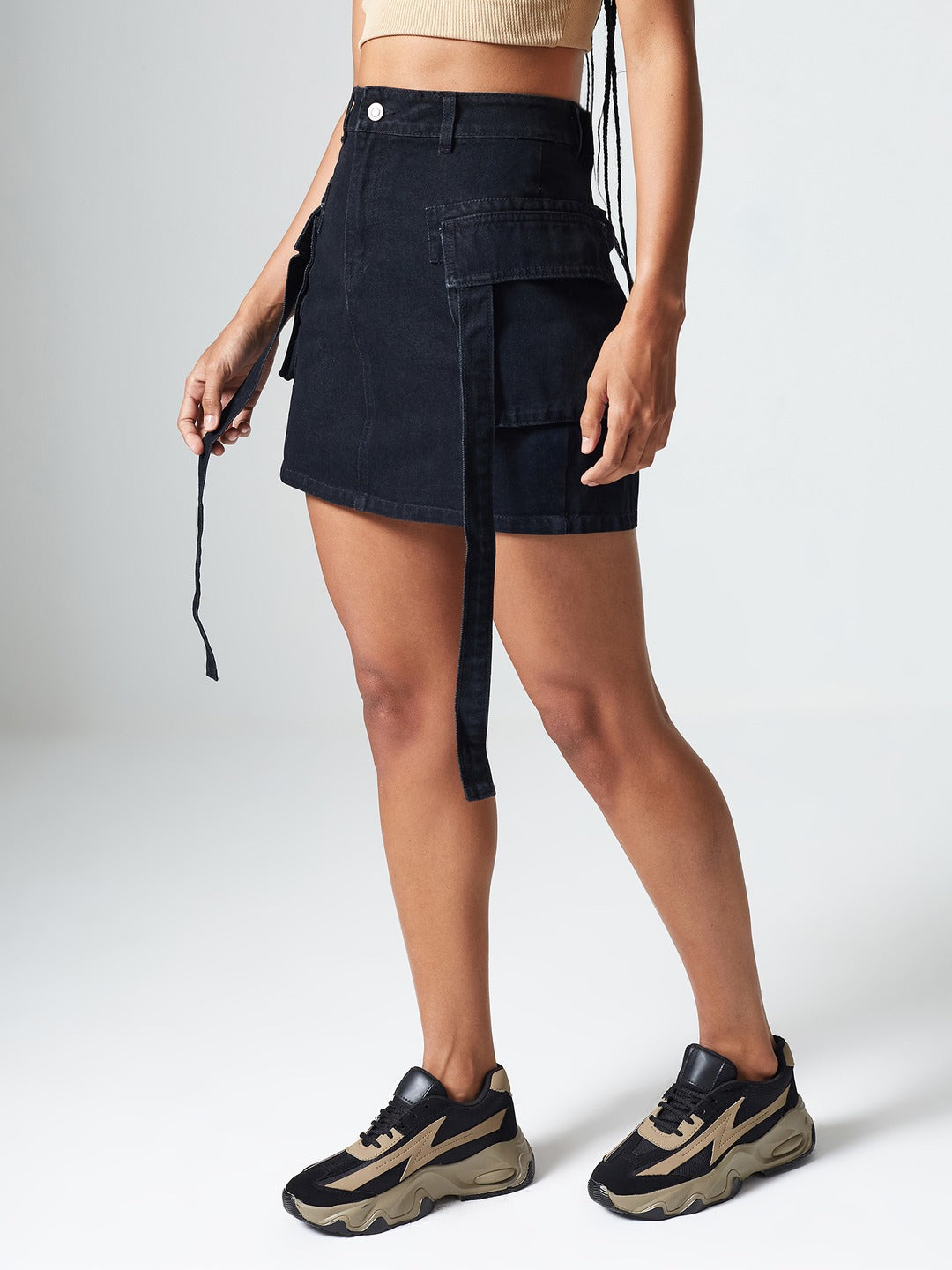 Black Straight High-Rise Clean-Look Mini Denim Skirt for Women