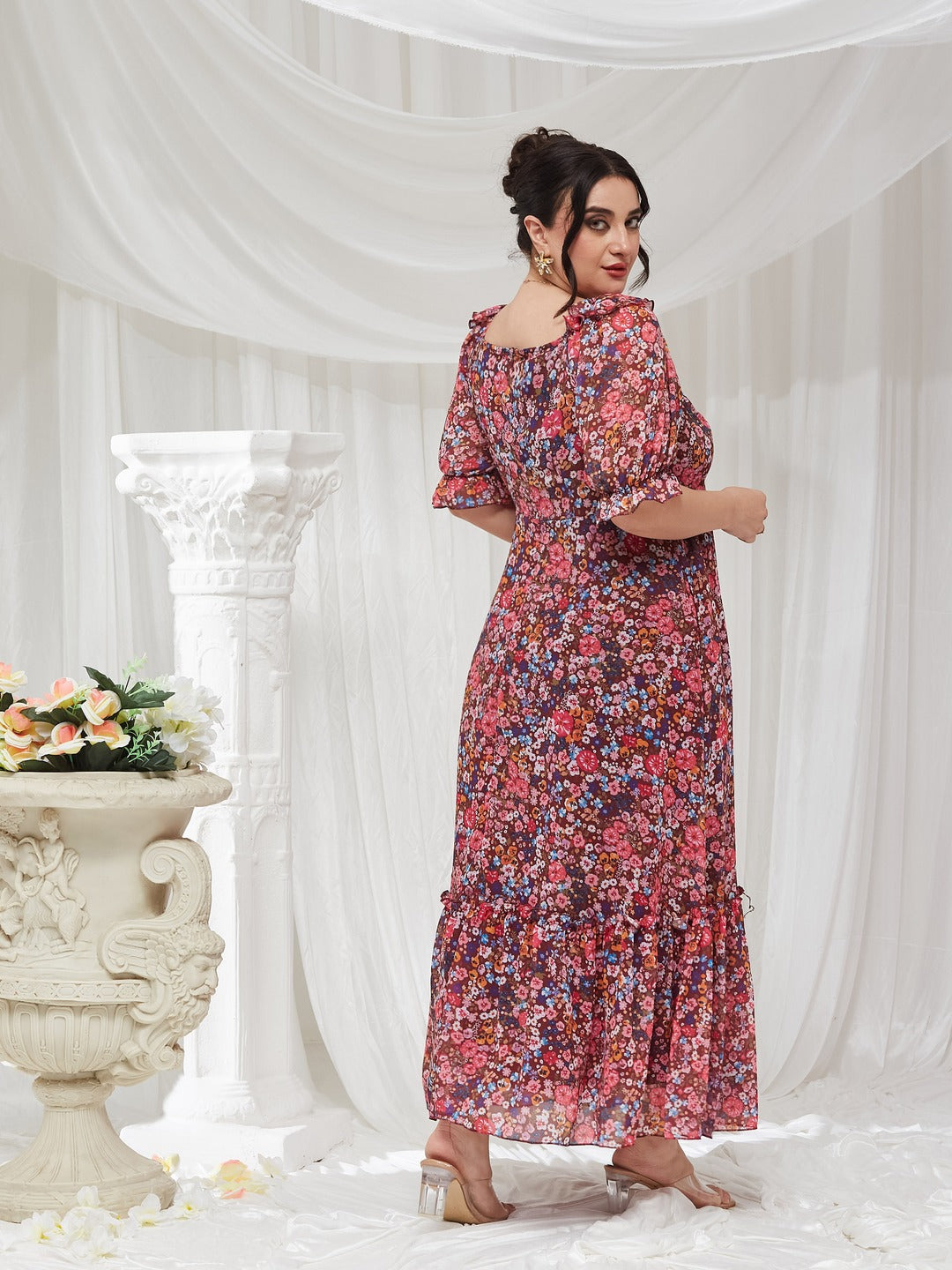 Wine V-Neck Puff Sleeve Floral Ruching Ankle-Length Dress for Women — Miss Chase A+