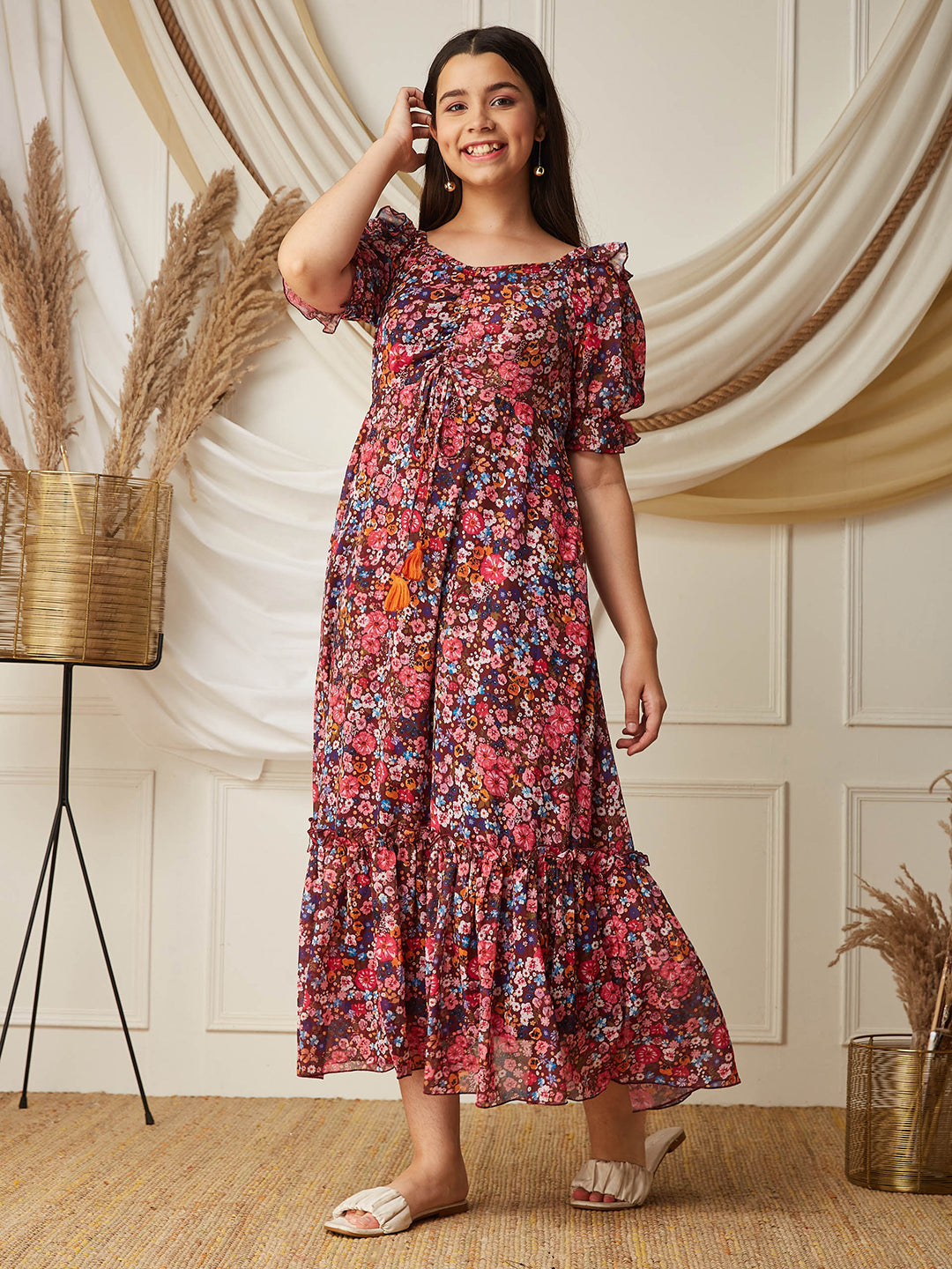 Multicolored-Base-Wine V-Neck Puff Sleeve Floral Ruching Ankle-Length Dress