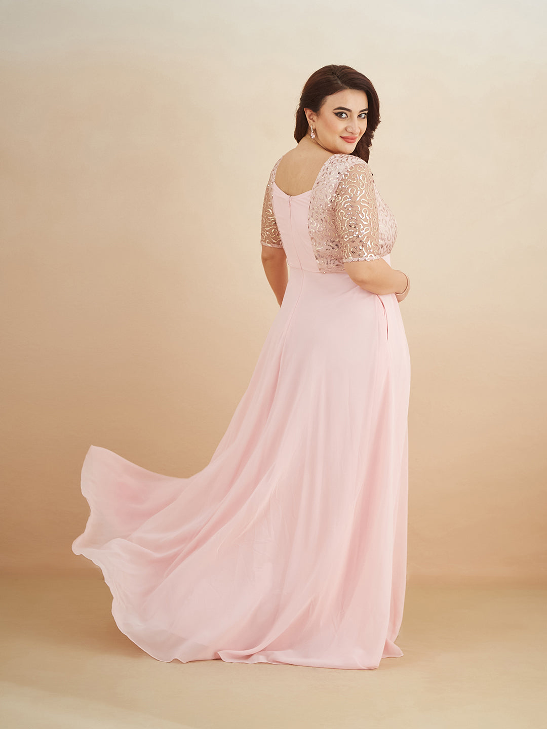 Dusty Pink Square Neck Half Sleeve Solid Embellished Maxi Dress for Women — Miss Chase A+