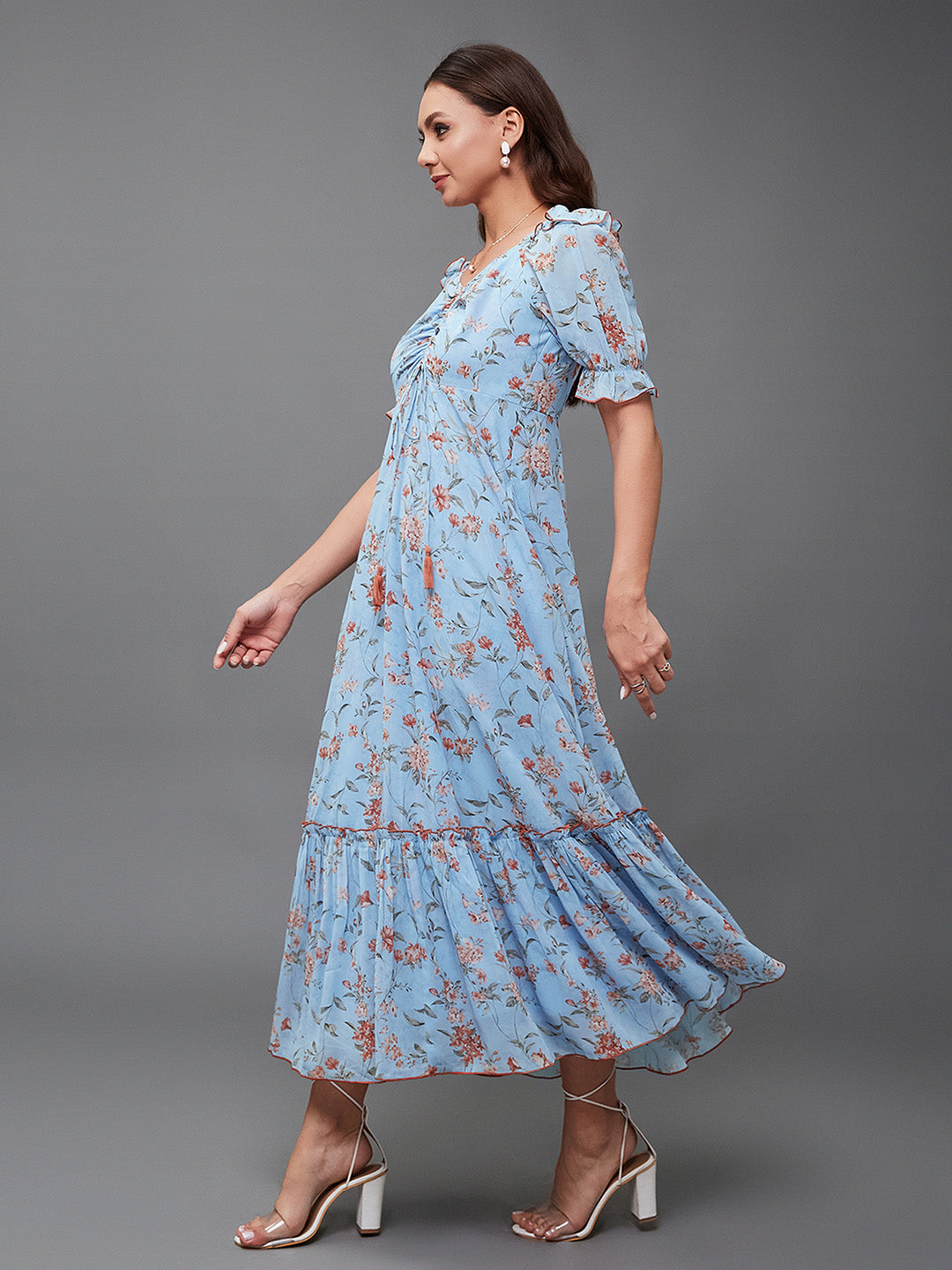 Women's Multicolored-Base-Powder Blue V-Neck Puff Sleeve Floral Ruching Ankle-Length Dress