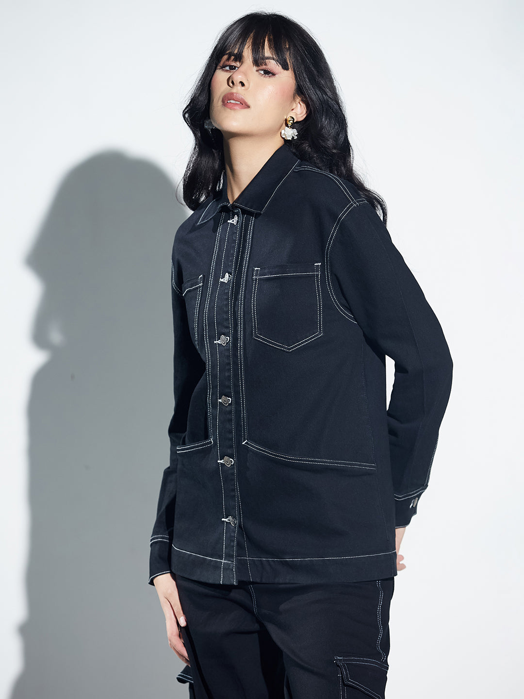 Black Shirt Collar Full Sleeve Panelled Contrast Stitch Oversized Denim Jacket for Women