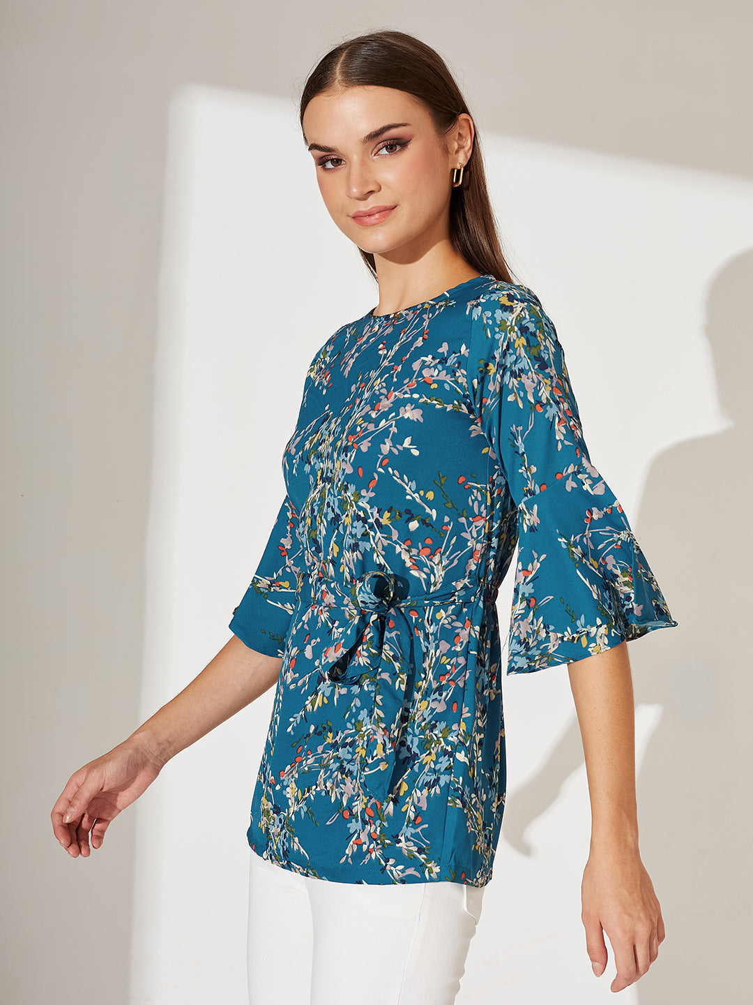 Turquoise Boat Neck Ruffled 3/4 Sleeves Floral Ruffled Long Belted Tie-Up Top for Women