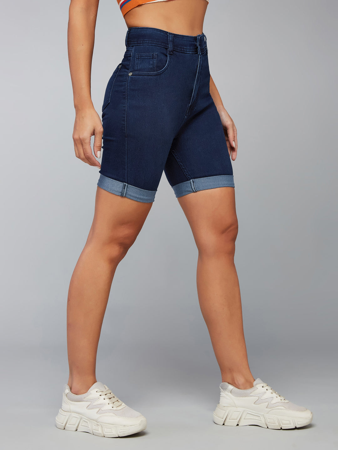 Women's Navy Blue Skinny High-Rise Stretchable Denim Shorts