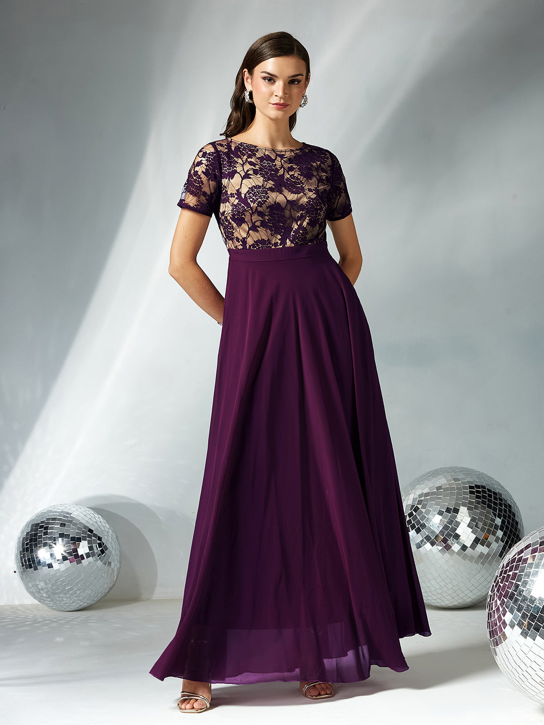 Women's Dark Purple Round Neck Half Sleeve Self Design Fit & Flare Georgette Maxi Dress