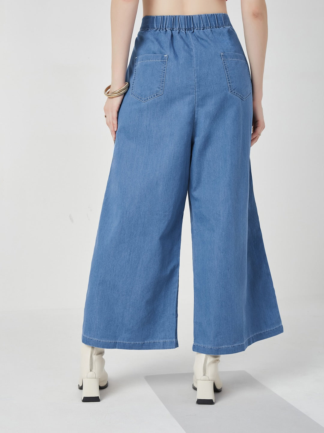 Blue Flared Wide-Leg high-rise Non Stretchable Light Weight Denim Pants for Women