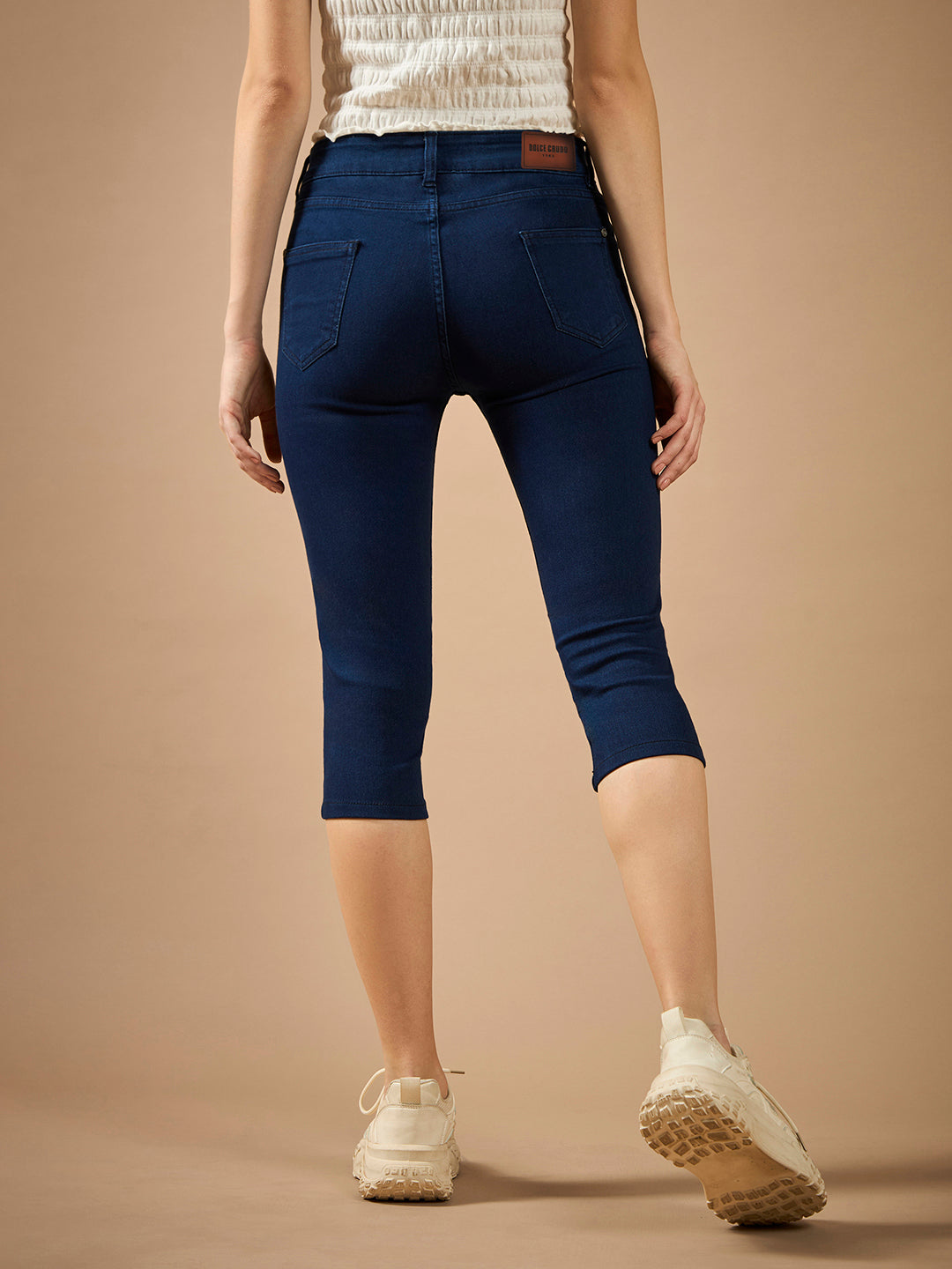 Women's Navy-Blue Skinny-Fit High-Rise Cropped-Length Clean-Look Denim Stretchable Capri Jeans