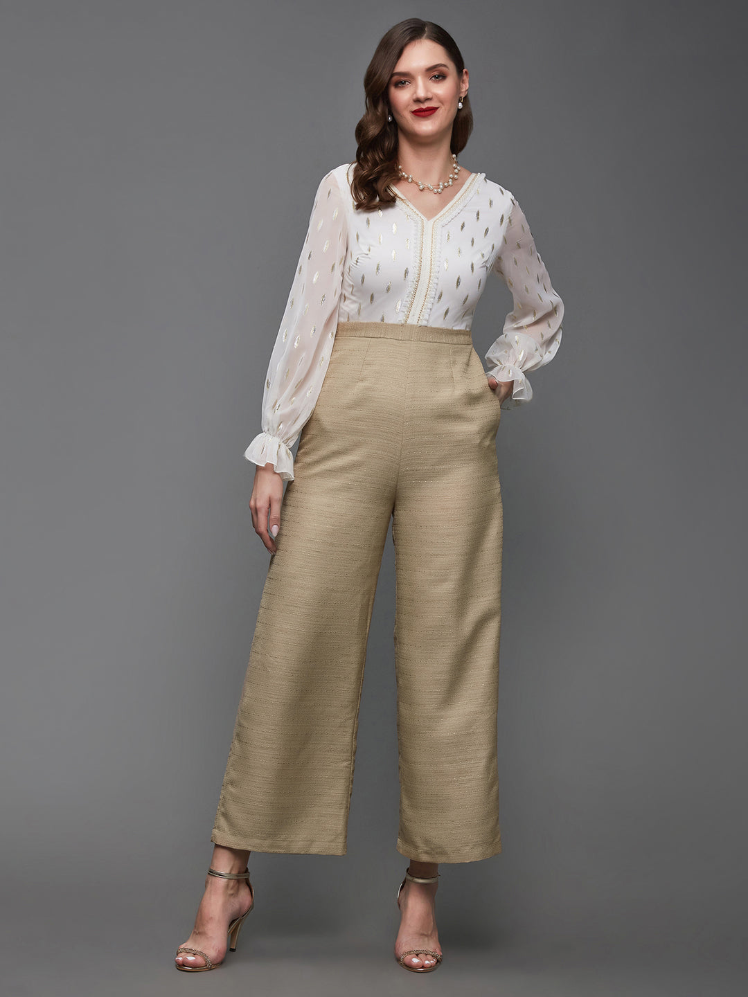 Women's Off White & Beige V-Neck Bishop Sleeve Self Design Frilled Jumpsuit