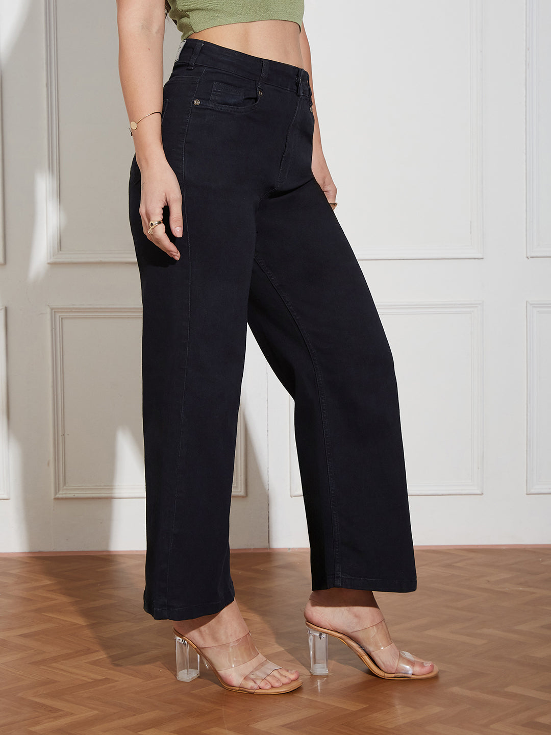 Black Wide-Leg High Rise Clean Look Regular-Length Stretchable Denim Jeans for Women