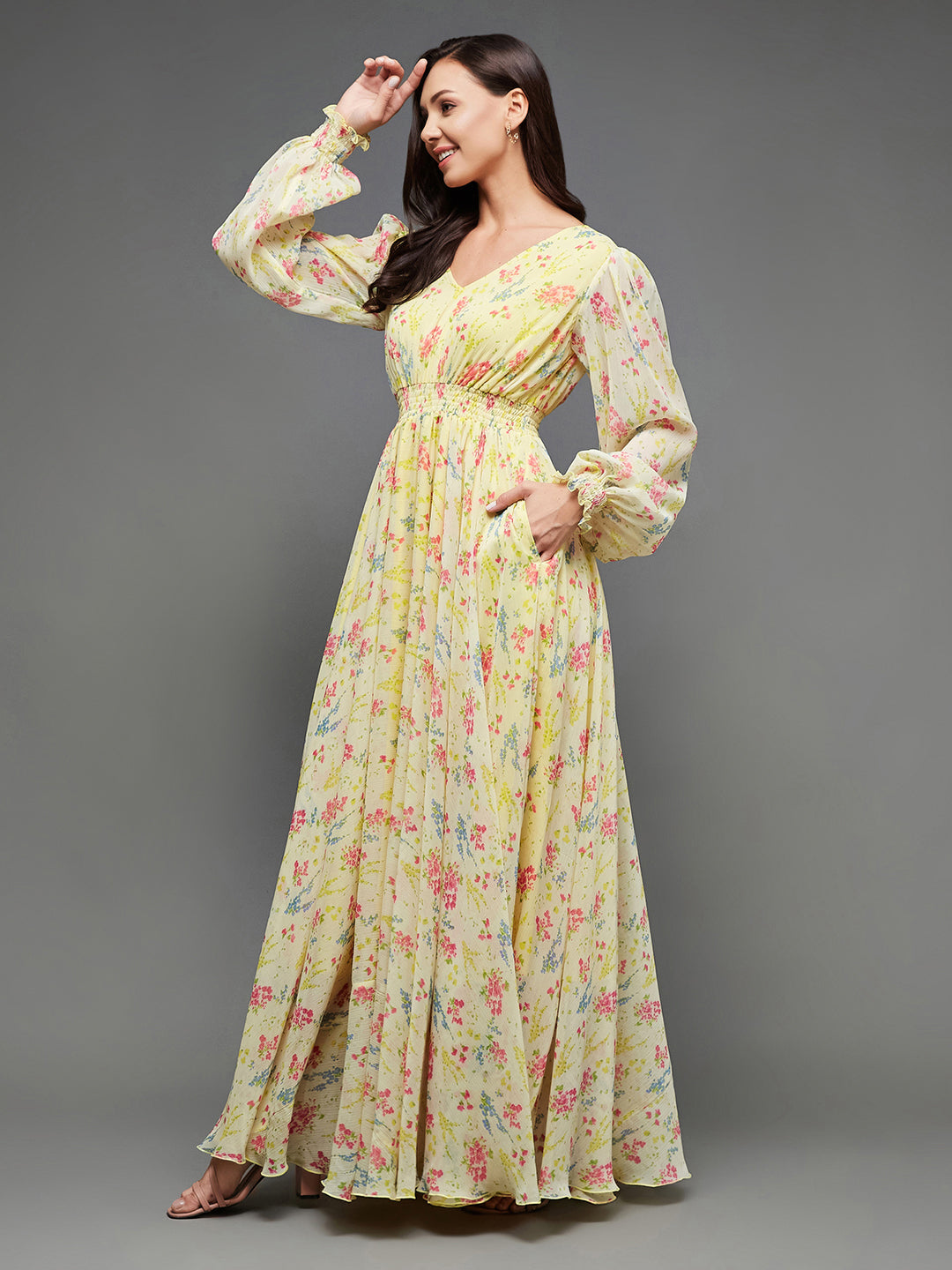Women's Multicolored-Base-Lime Yellow V-Neck Bishop Sleeve Floral Gathered Chiffon Maxi Dress