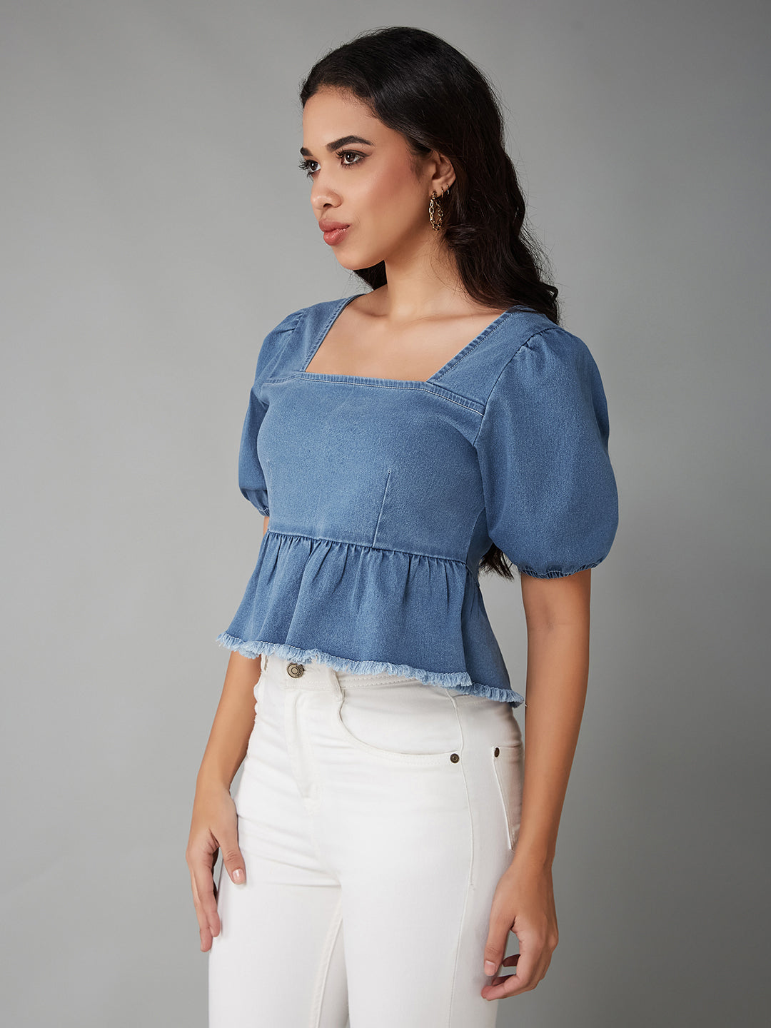 Women's Light Blue Square-Neck Puff-Sleeve Peplum-Styled Denim Cropped Top