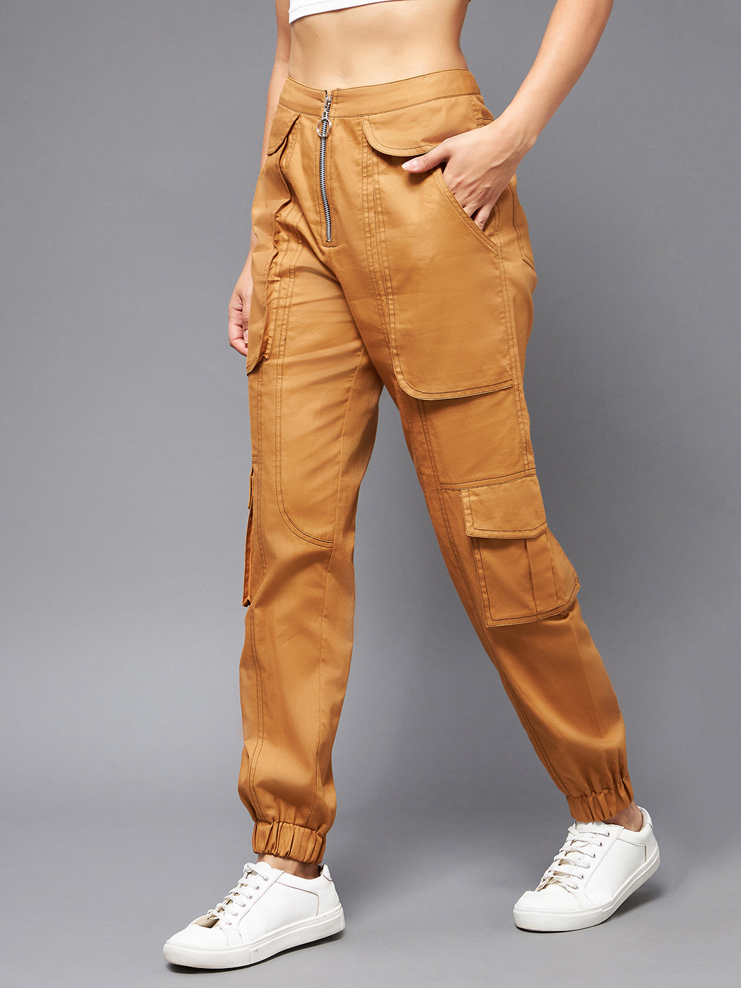 Women's Tan Cotton Solid Paneled Regular Joggers