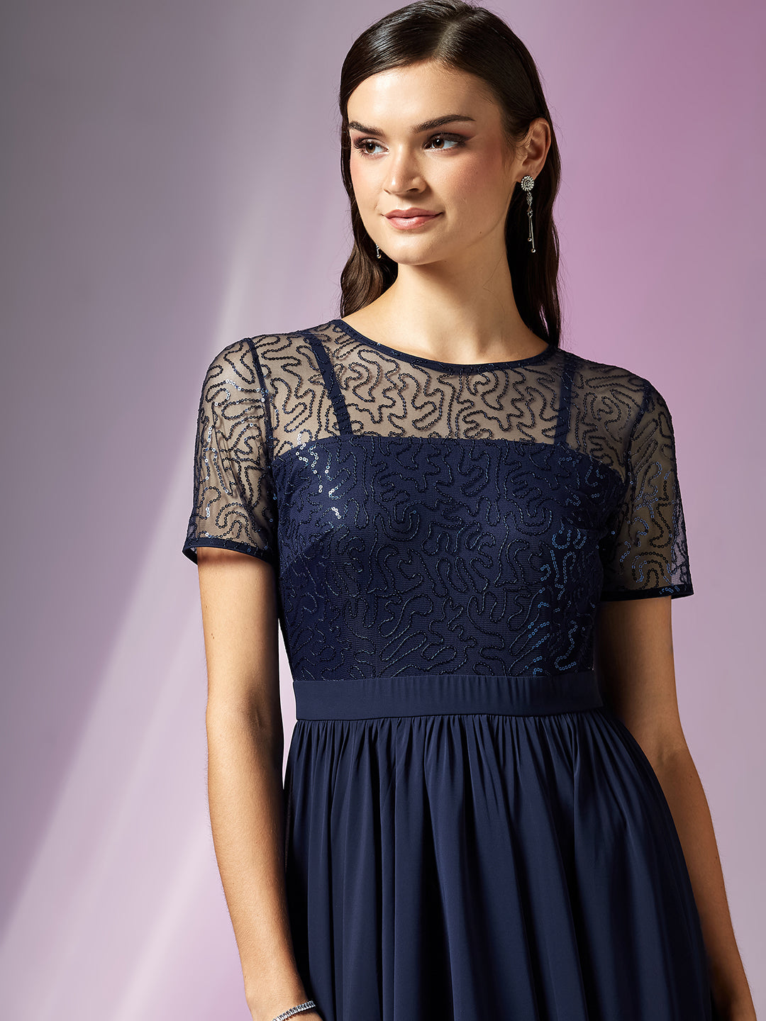 Navy Blue Relaxed Fit Maxi Georgette & Sequins Dress for Women