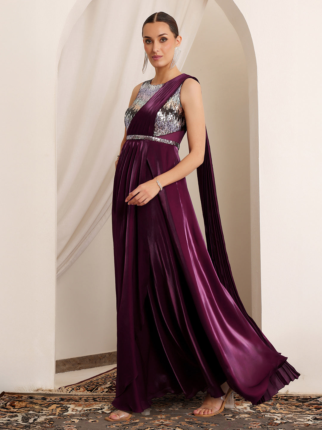 Women's Dark Purple Round Neck Sleeveless Embellished Layered Satin Maxi Dress