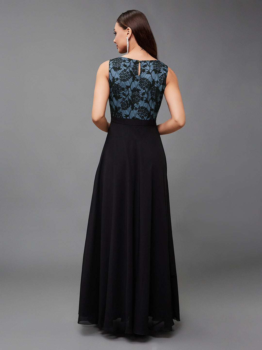 Women's Blue & Black Round Neck Sleeveless Georgette Floral Lace Fit & Flare Maxi Dress