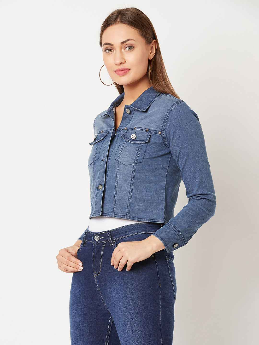 Women's Navy Blue Solid Polo Neck Full Sleeves Buttoned Denim Embellished Cropped Jacket