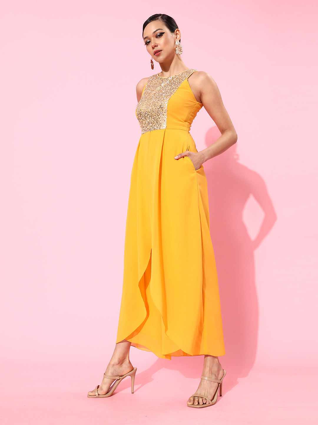 Women's Mustard Halter Neck Sleeveless Solid Embellished Regular Jumpsuit
