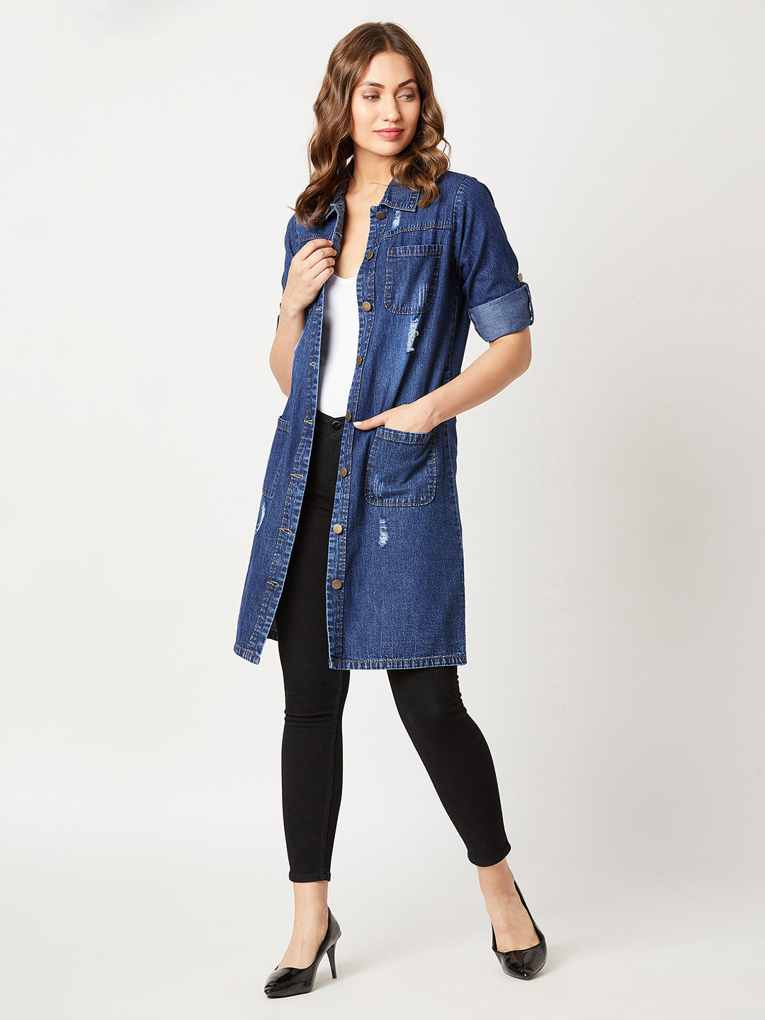 Women's Navy Blue Solid Polo Neck Full Sleeves Patch Pocket Denim Overcoat Knee-Length Jacket