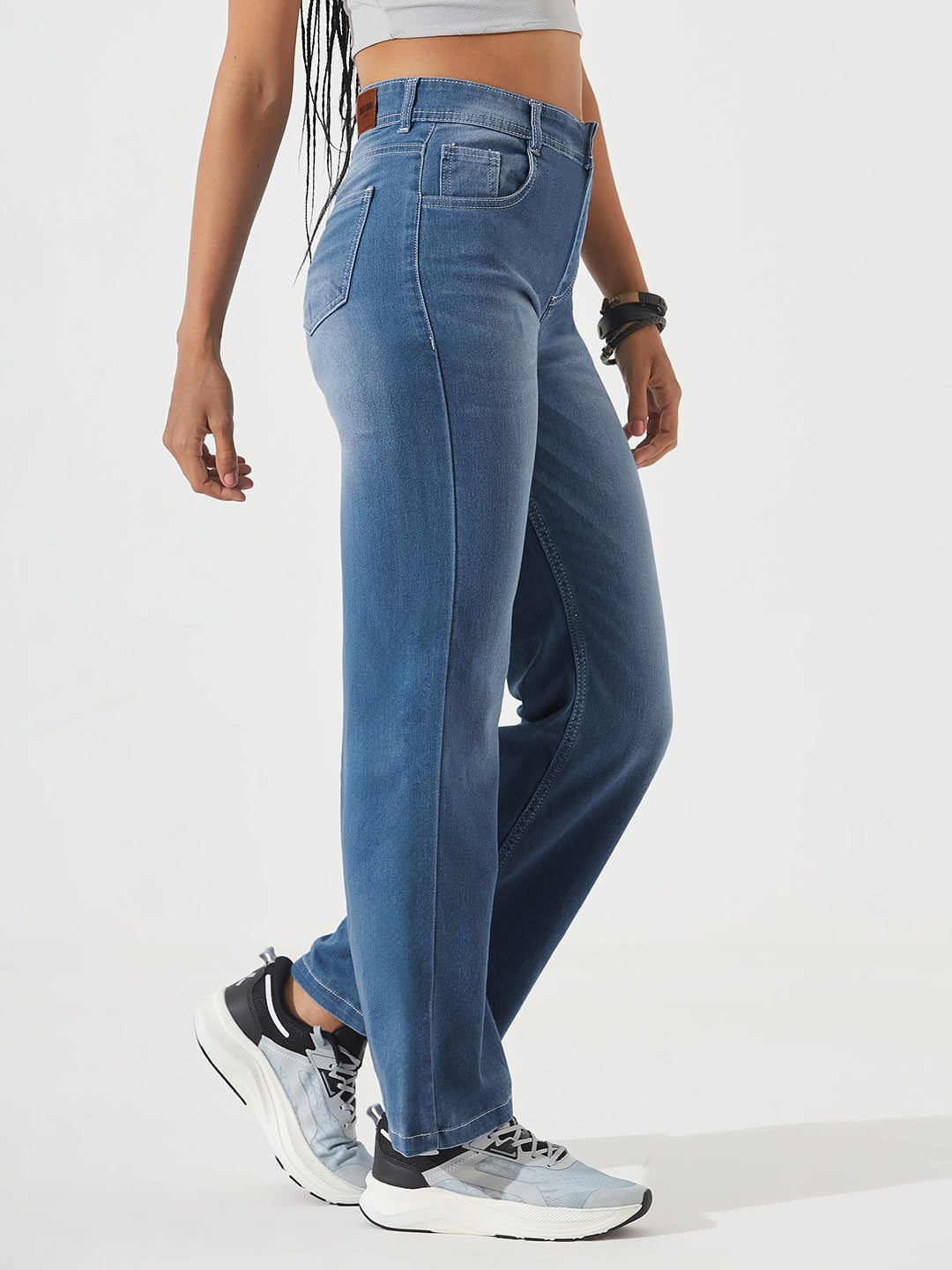 CHASEstretch™ Light-Blue Wide-Leg Mid-Rise Blast Effect Light Weight Denim Jeans For Women