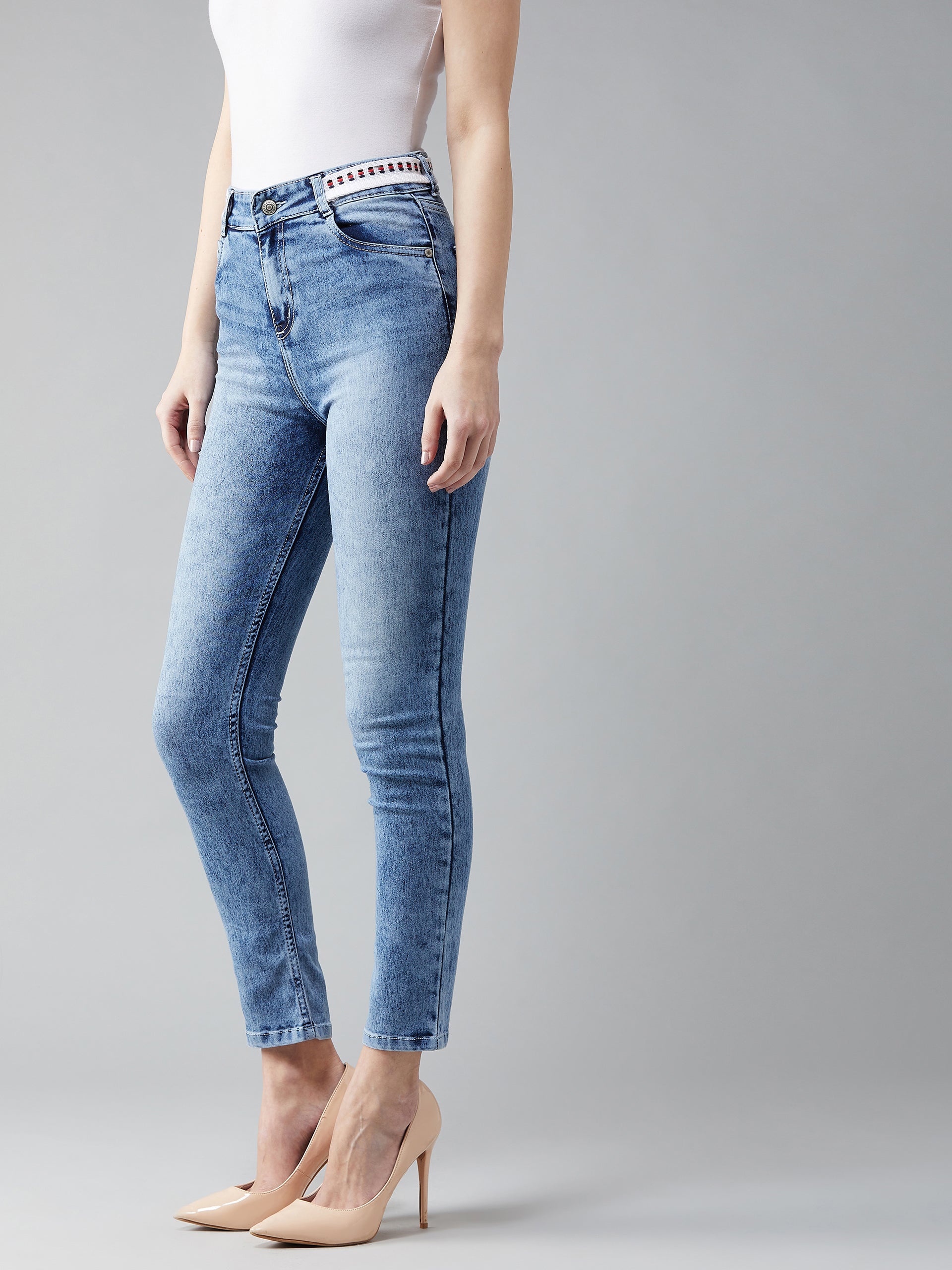 Women's Light Blue Slim-Fit High-Rise Light Wash Twill Tape Detailing Stretchable Denim Jeans