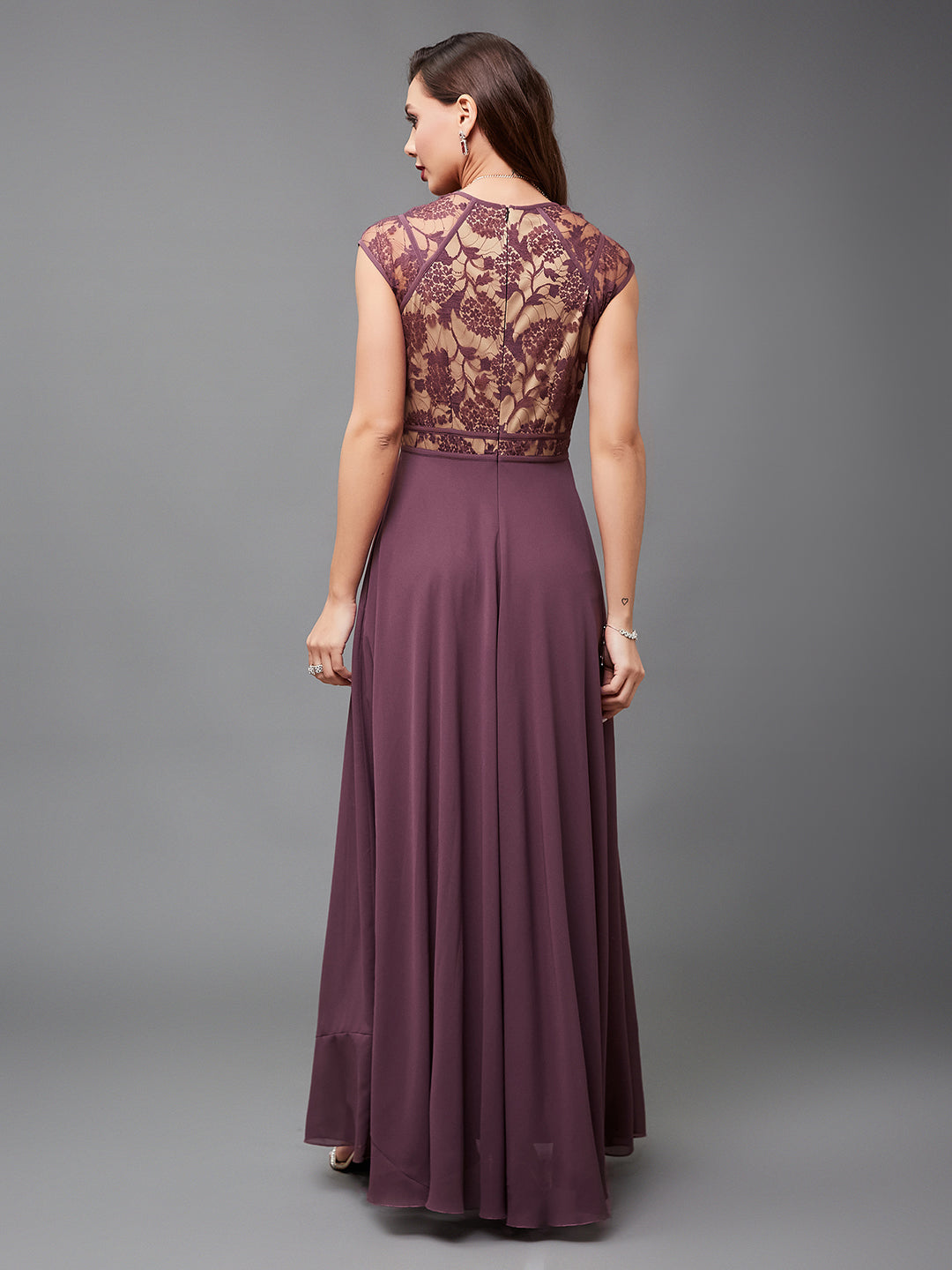 Women's Mauve Sweetheart-Neck Raglan-Sleeve Self-Designed Fit & Flare Georgette Maxi Dress