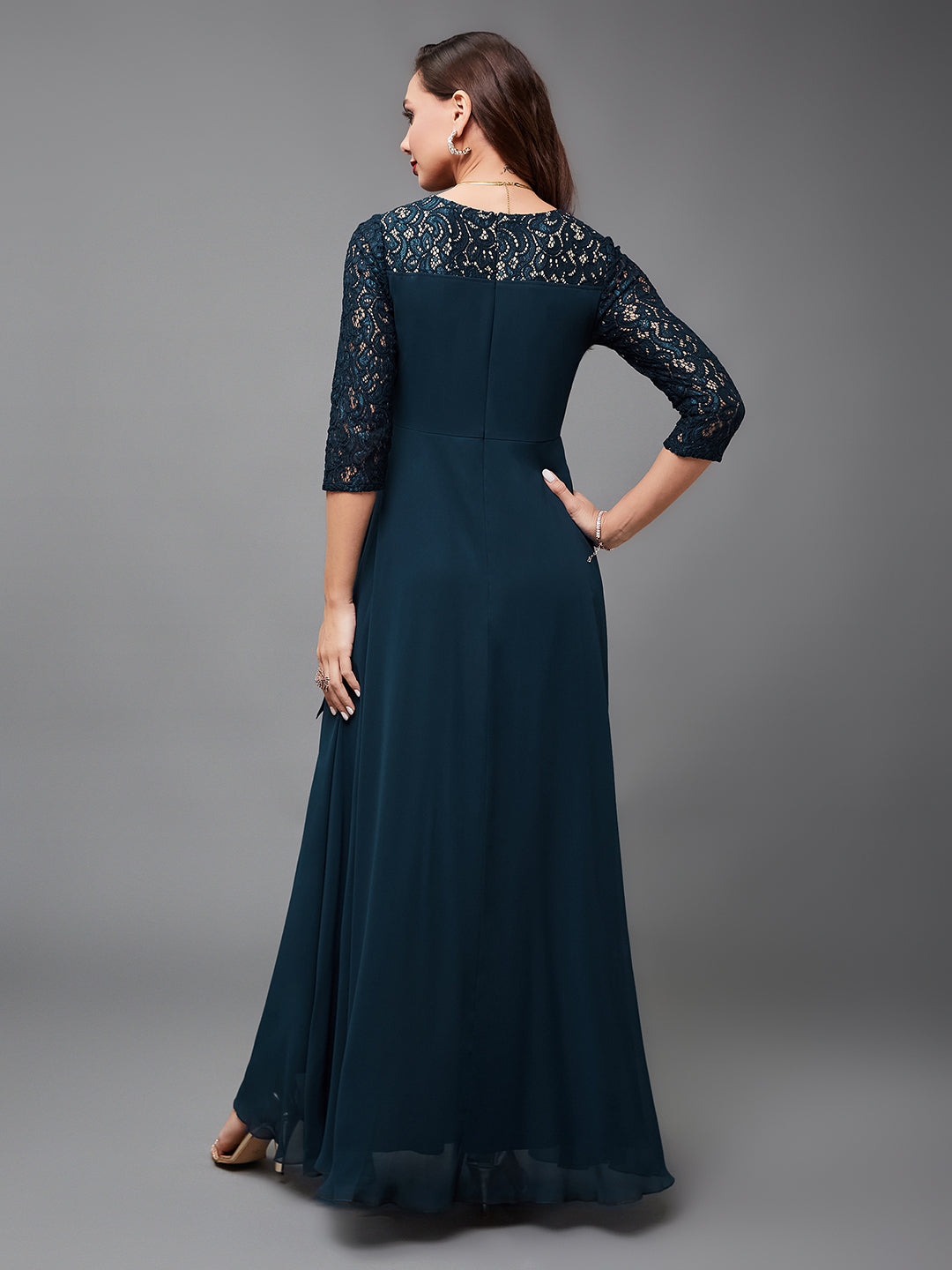 Women's Teal V-Neck 3/4 Sleeve Self-Designed Wrap-Styled Georgette Maxi Dress