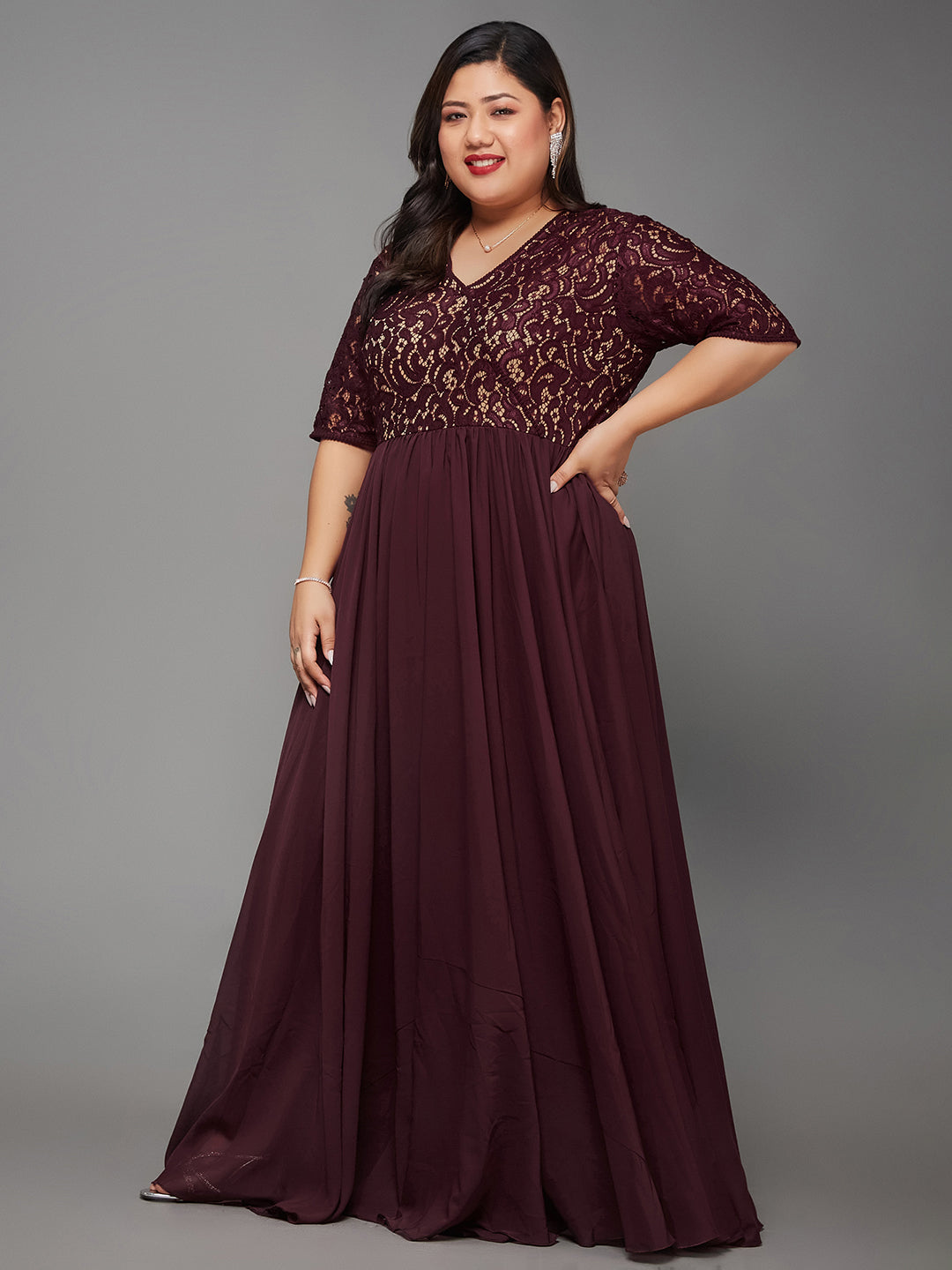 Wine Short Sleeves Lace Fit and Flare Maxi Dress Long Dress Frock for Women