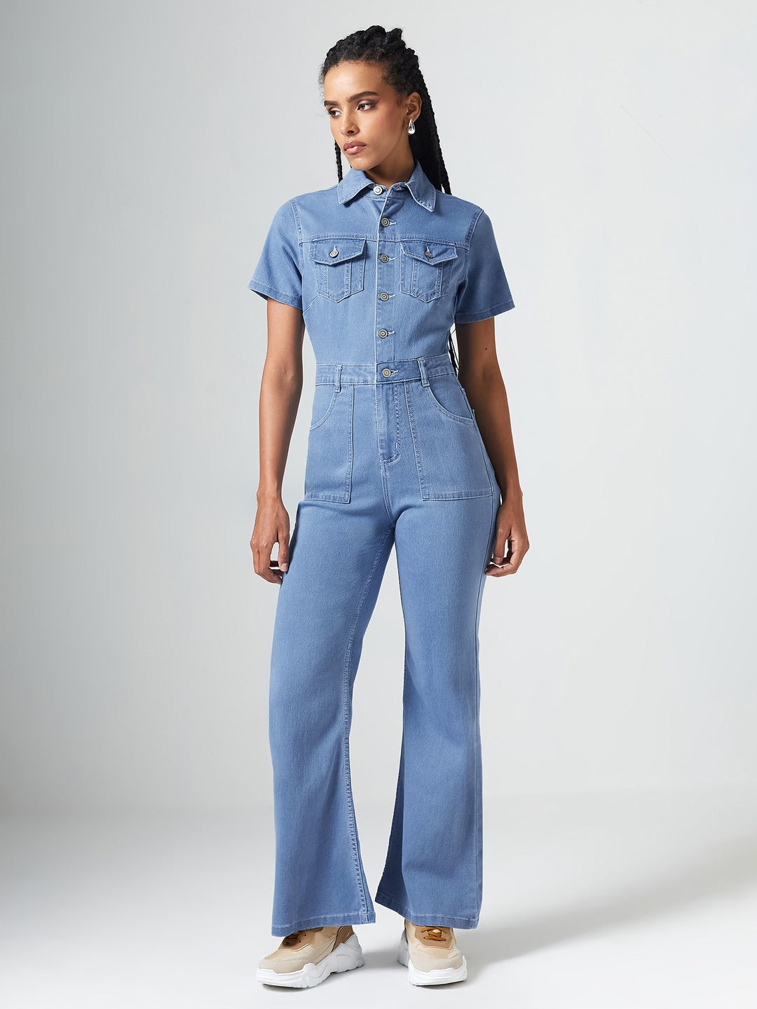 Light Blue Flared High Rise Regular Length Stretchable Denim Jumpsuit for Women