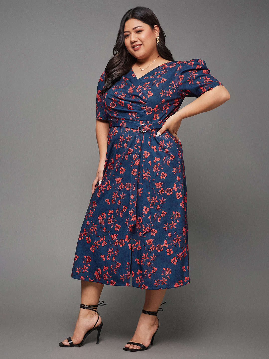 Body Bliss Multicolored-Base-Teal Floral Wrap Midi Dress