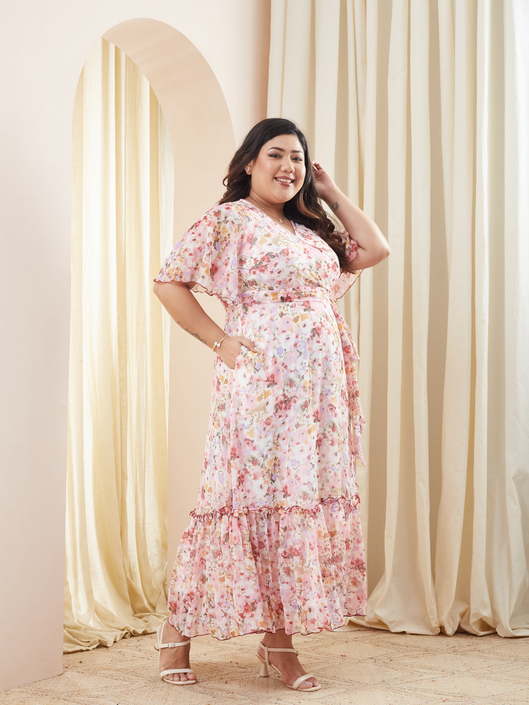 Pink V-Neck Flared Sleeve Floral Wrap Chiffon Maxi Dress for Women