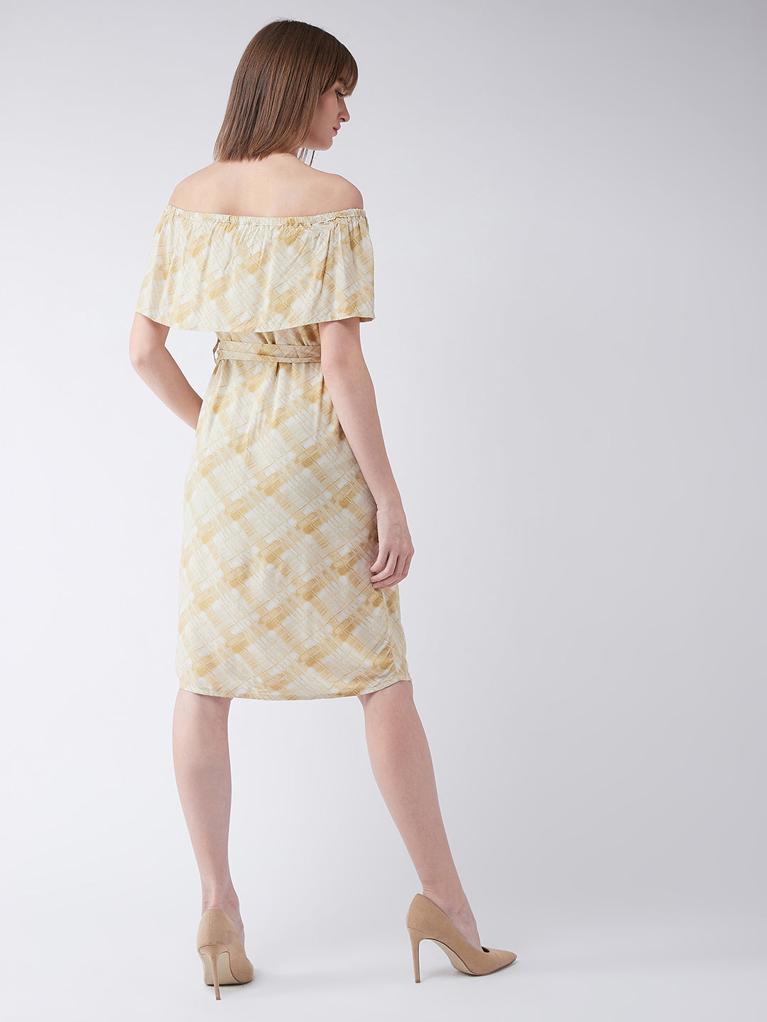 Multicolored Off Shoulder Sleeveless Printed Knee-Length Ruffled Gathered Belted Buttoned Bardot Style Shift Dress for Women — Miss Chase