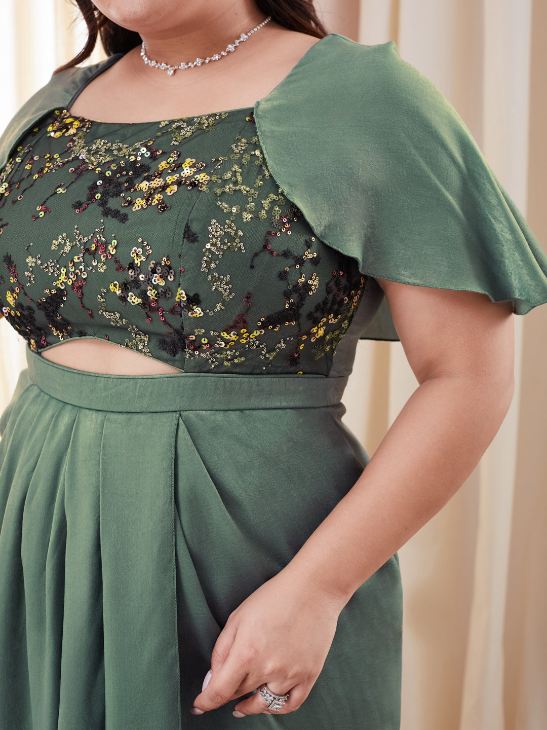 Siege Green Sweetheart-Neck Cape Embellished Draped Satin Maxi Dress for Women