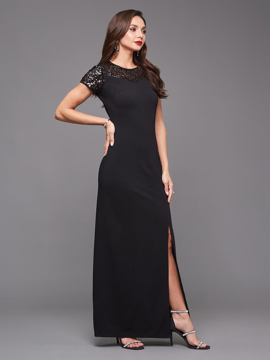 Women's Black Round Neck Cap Sleeves Sequin Paneled Solid Bodycon Maxi Dress