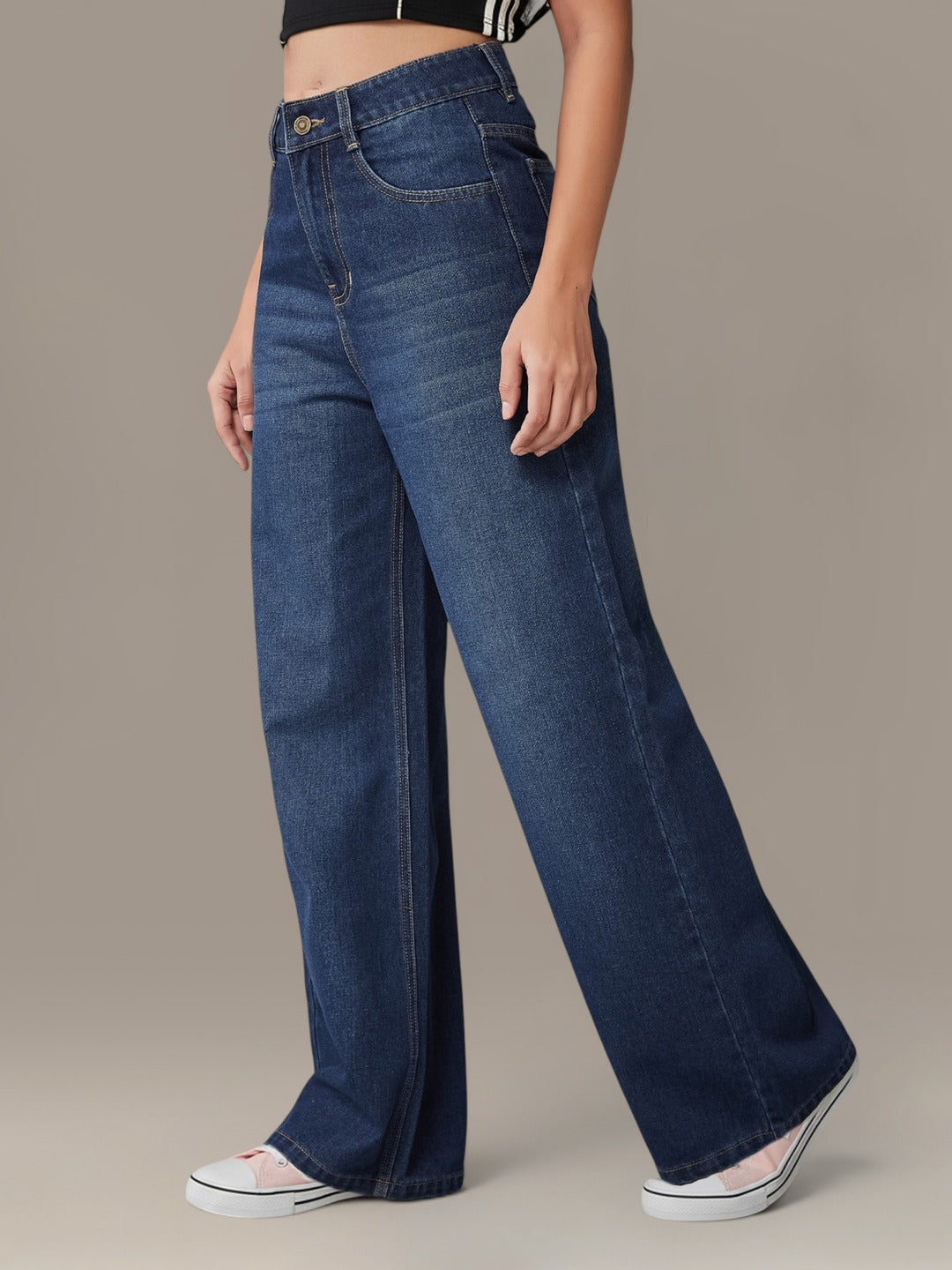 Navy Blue Wide-Leg High-Rise Denim Jeans for Women