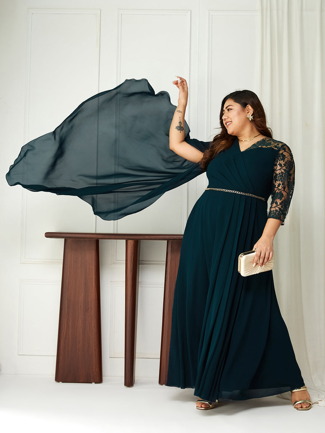 Body Bliss Teal Self-Designed Georgette Maxi Dress