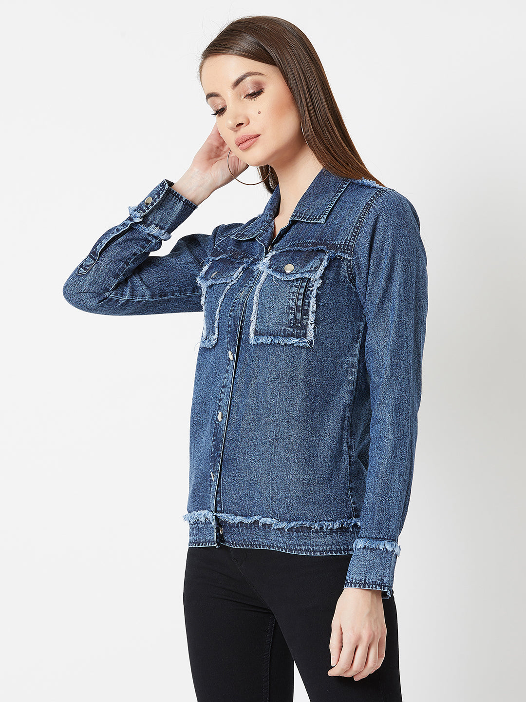 Women's Blue Polo Neck Full Sleeves Snap Button Detailing Denim Solid Regular Length Jacket