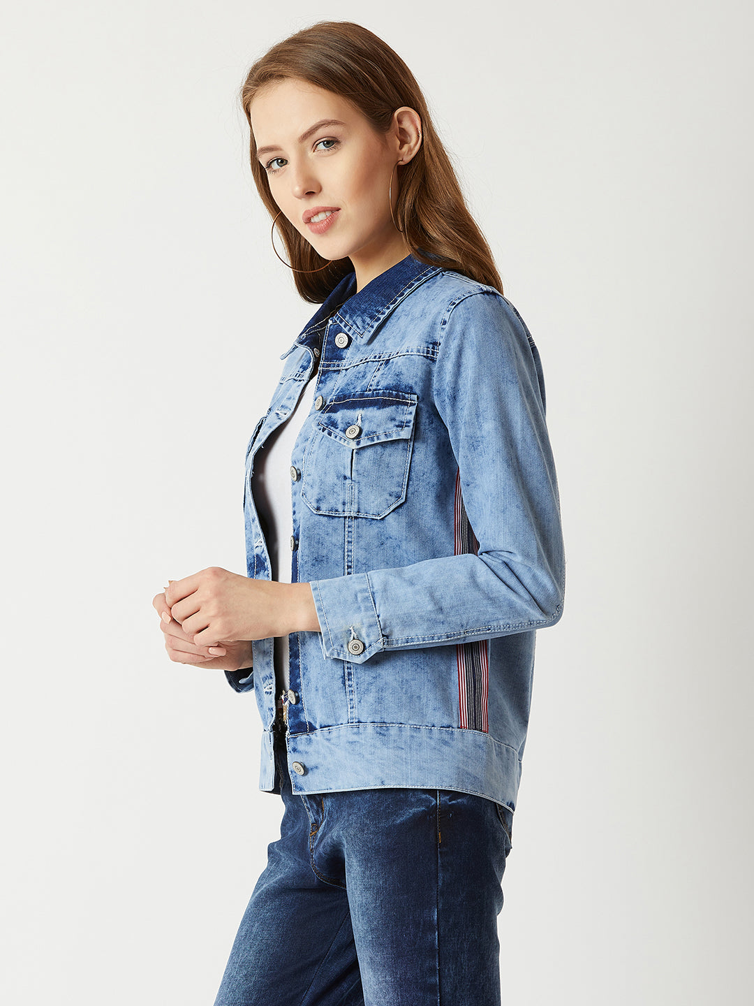 Women's Light Blue Collared Full Sleeve Denim Multicolored Twill Tape Detailing Denim Jacket