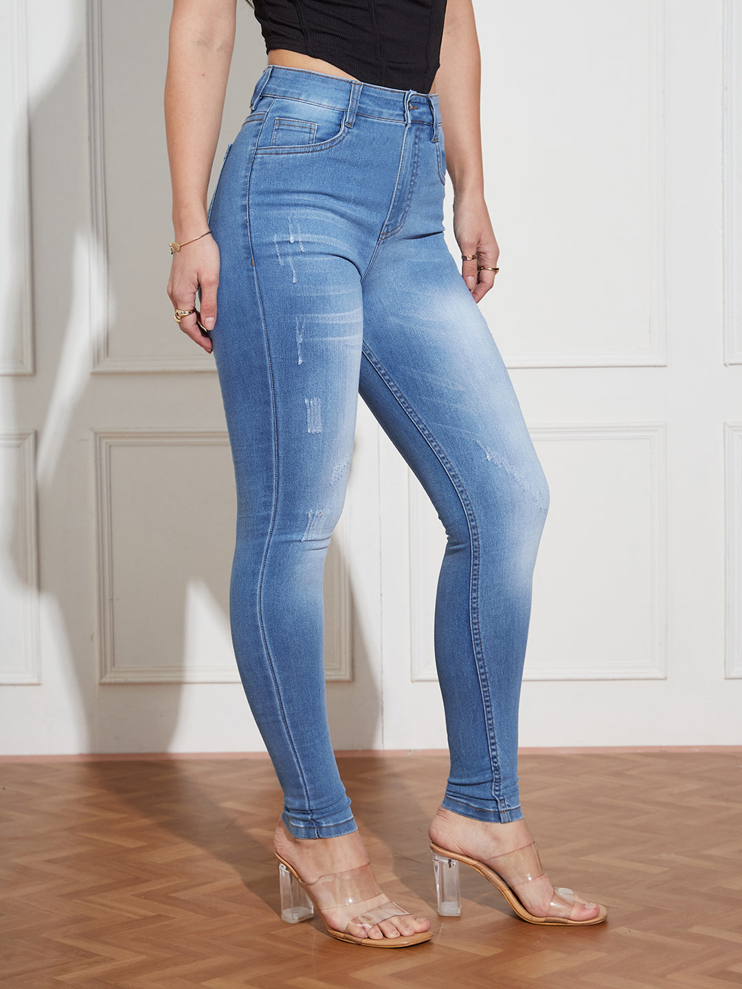 Women's Blue High-Rise Mildly-Distressed Regular-Length Stretchable Denim Skinny Jeans