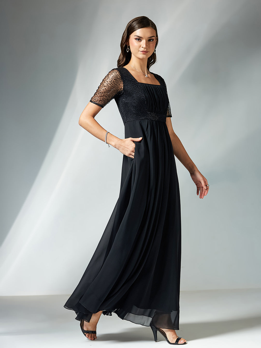 Black Square Neck Half Sleeve Solid Embellished Maxi Dress for Women — Miss Chase